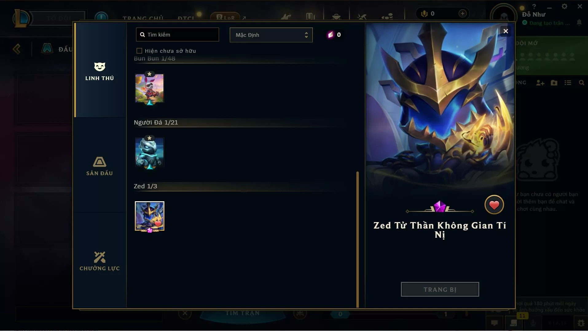 ACC TFT: Pet Zed Tử Thần Không Gian Tí Nị, lv1 unrank, trắng thông tin